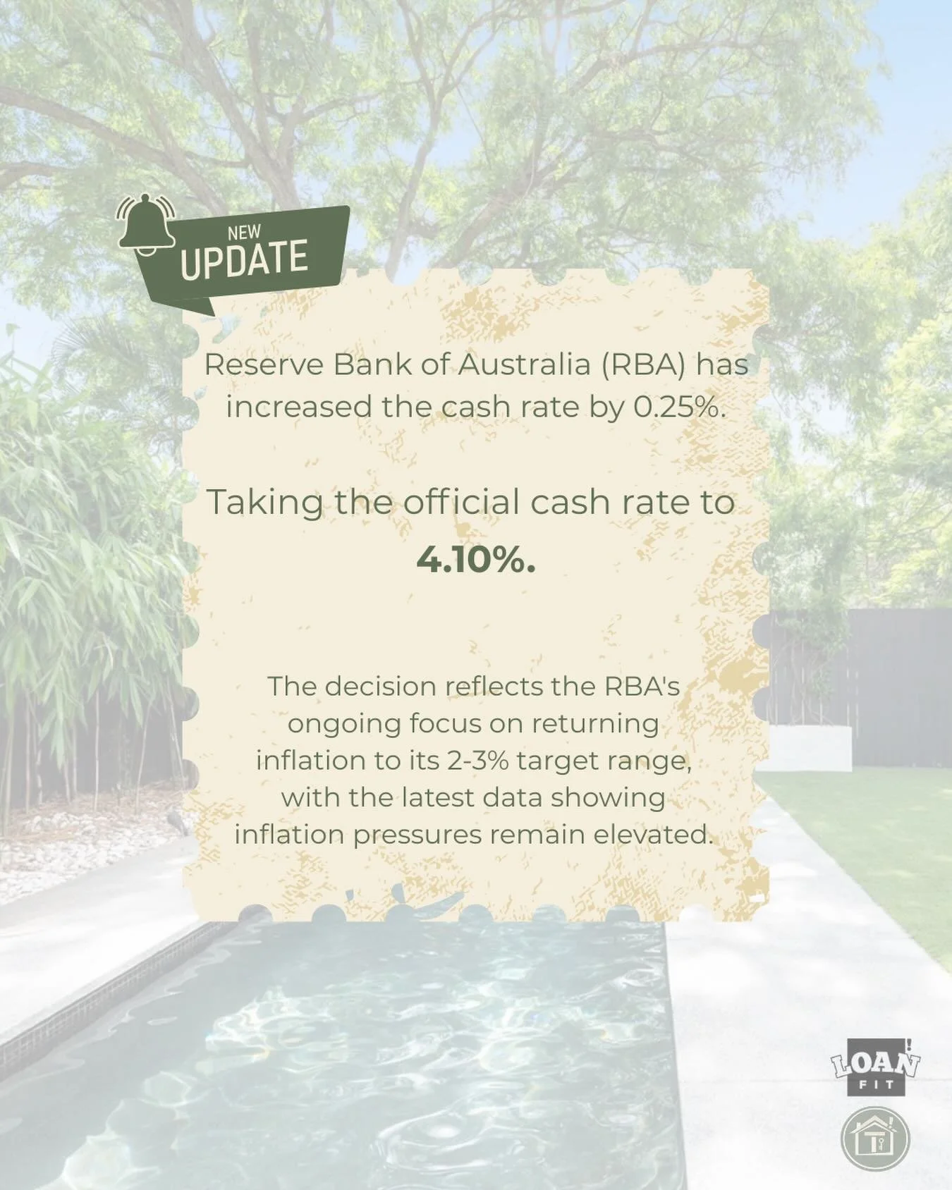 As expected, the Reserve Bank of Australia has increased the cash rate by 0.25% at today&rsquo;s meeting, bringing it to 4.10%.
This move reflects the RBA&rsquo;s continued focus on bringing inflation back within its 2&ndash;3% target range, with pri