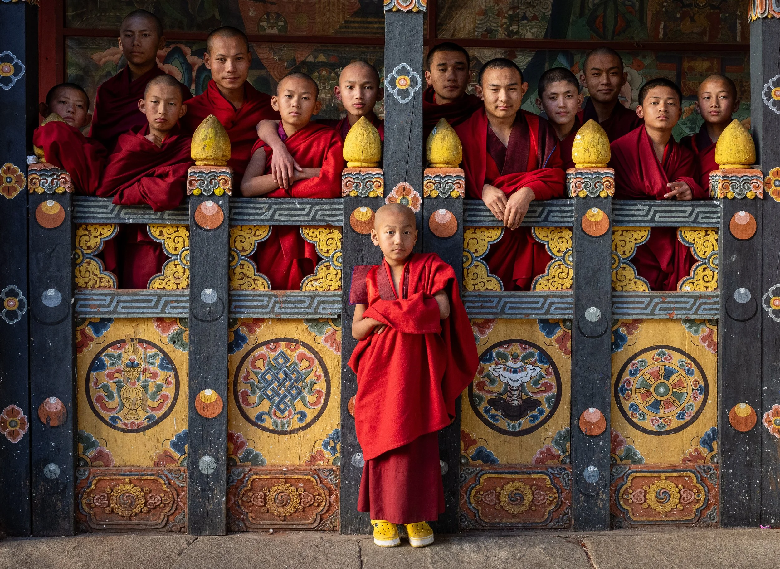 A group of young monks wearing at the Thimpu Dzong in Bhutan