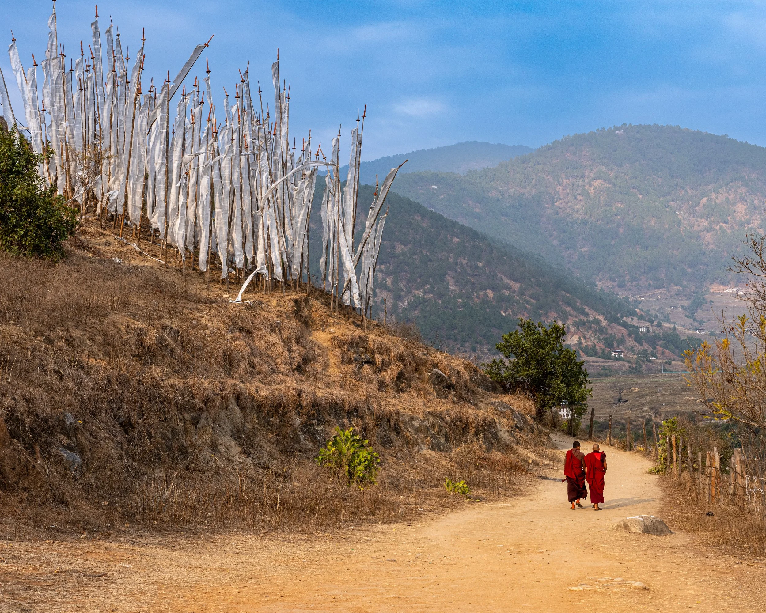 Two monks walk past tall prayer flags in Bhutan