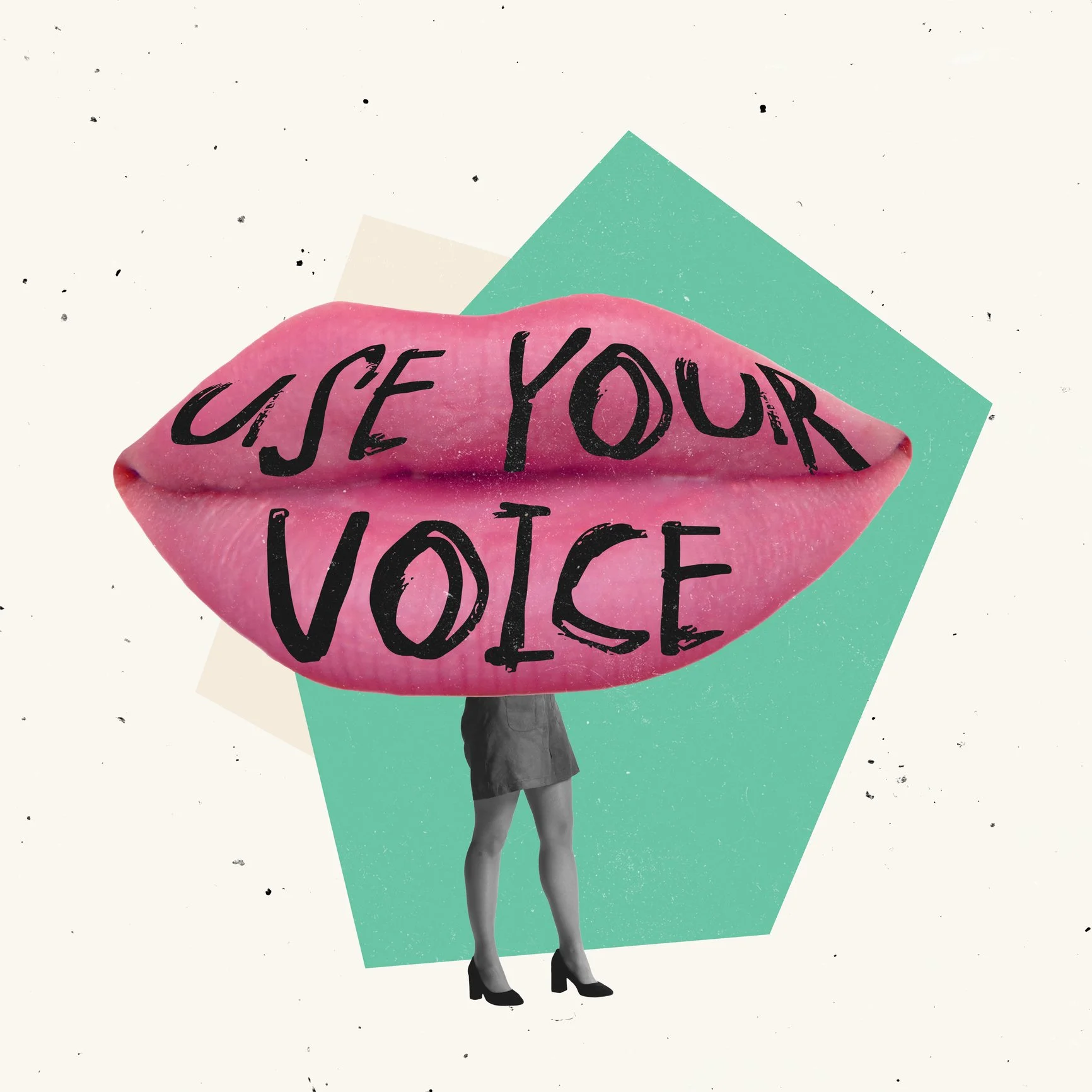 Illustration of a person with a large pink lip shape over their face that has the phrase "USE YOUR VOICE" written on it, with a green geometric background.