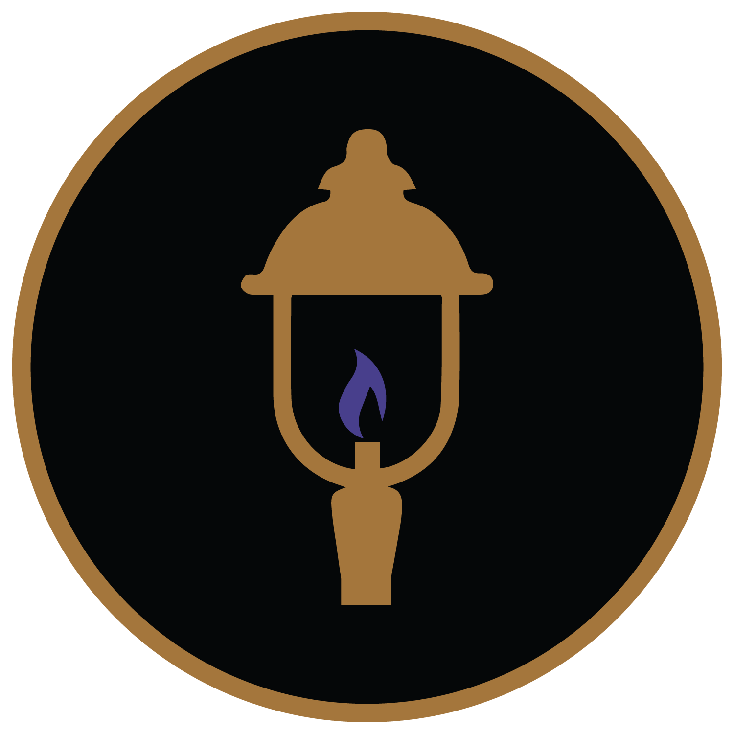 A vintage street lamp with a brown top and a blue flame inside, enclosed in a circular border on a black background.