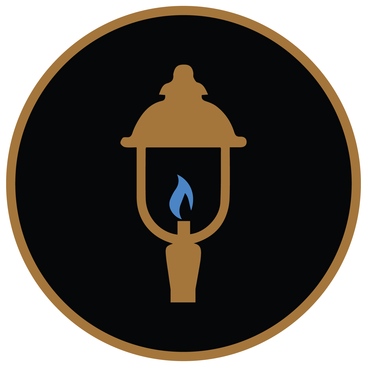 A logo featuring a brown vintage lantern with a blue flame inside, set against a black circular background with a brown border.