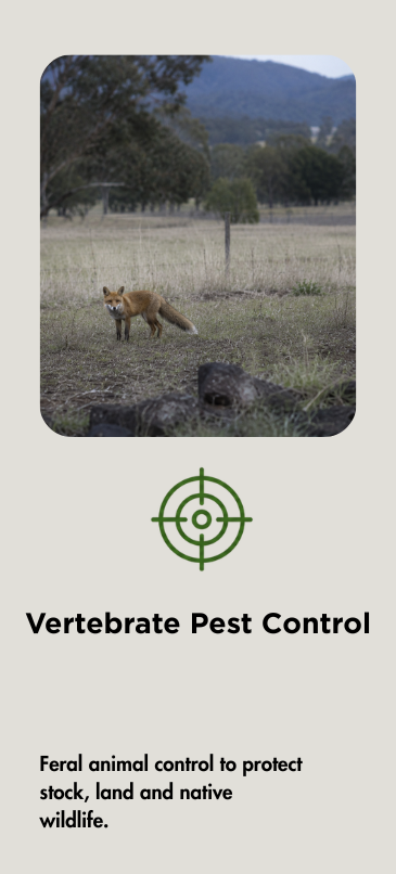 Vertebrate pest control, feral animal control, stock and livestock protection, land and native wildlife protection, wild animal erradication.