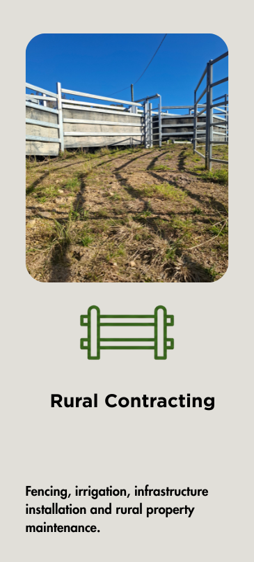 Fencing, post and rail, cattle yard installation, agricultural infrastructure installation, irrigation, and rural property maintenance