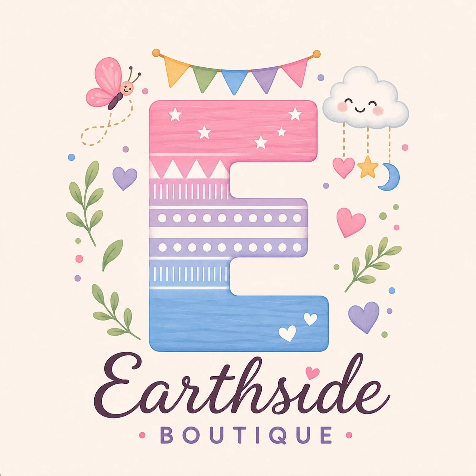 A pastel-colored graphic with a large number '2' decorated with patterns and stars, surrounded by a butterfly, a smiling cloud with hanging stars and moon, hearts, leaves, and a colorful bunting banner. The text 'Earthside Boutique' appears below in stylish script.