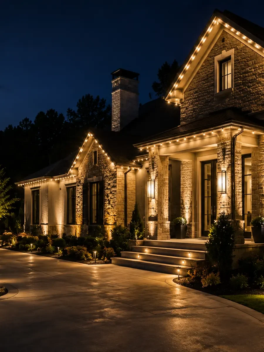 Luxury home with permanent trim lights and landscape lighting in Greenville and Spartanburg SC
