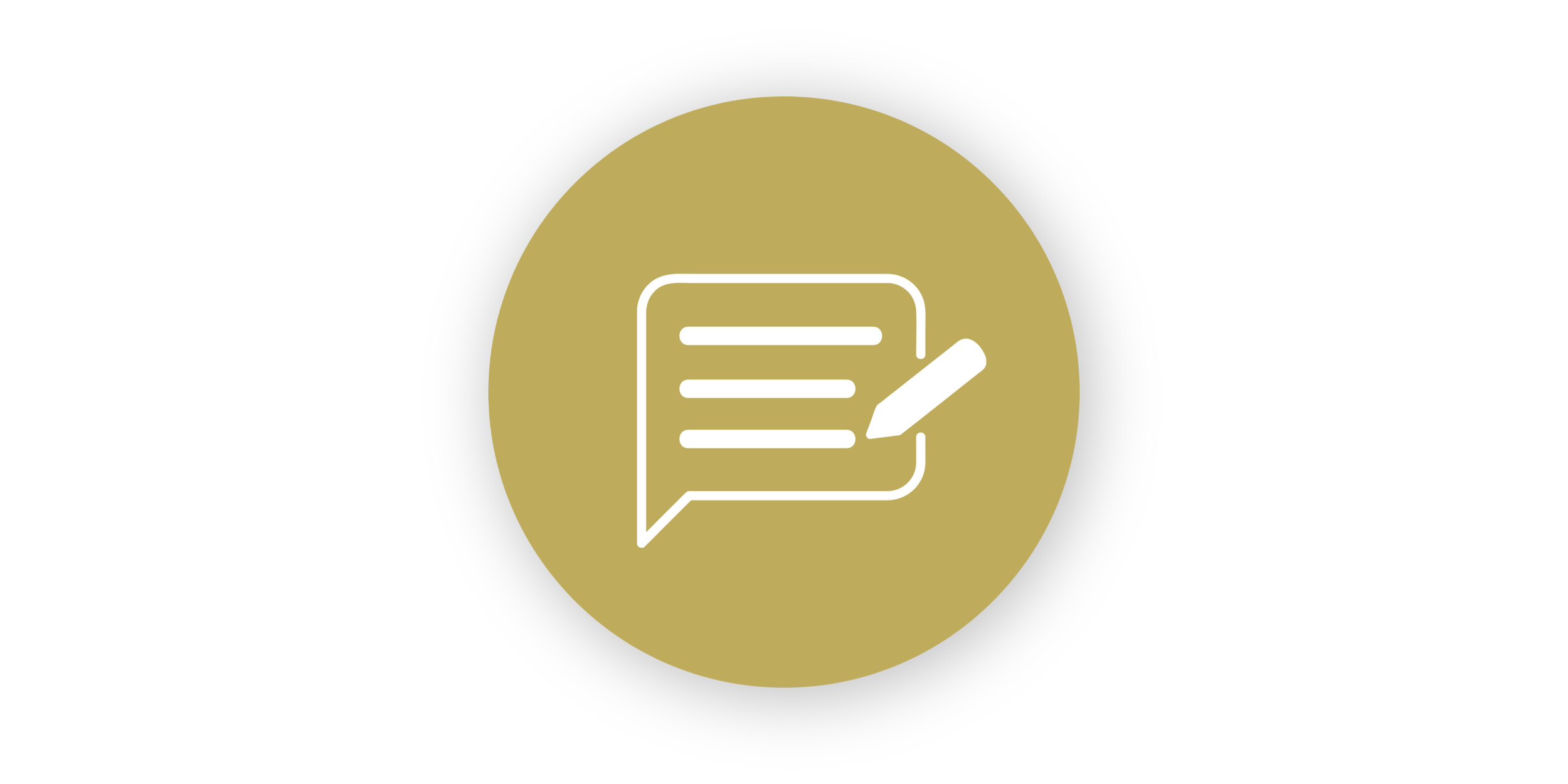 Icon of a speech bubble with a document and a pencil inside, in front of a gold circle.
