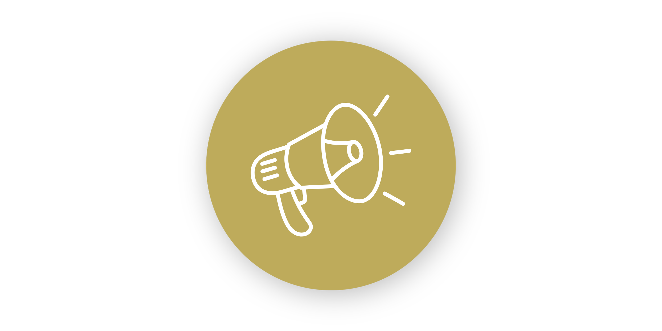 Line drawing of a megaphone inside a gold circle on a black background.