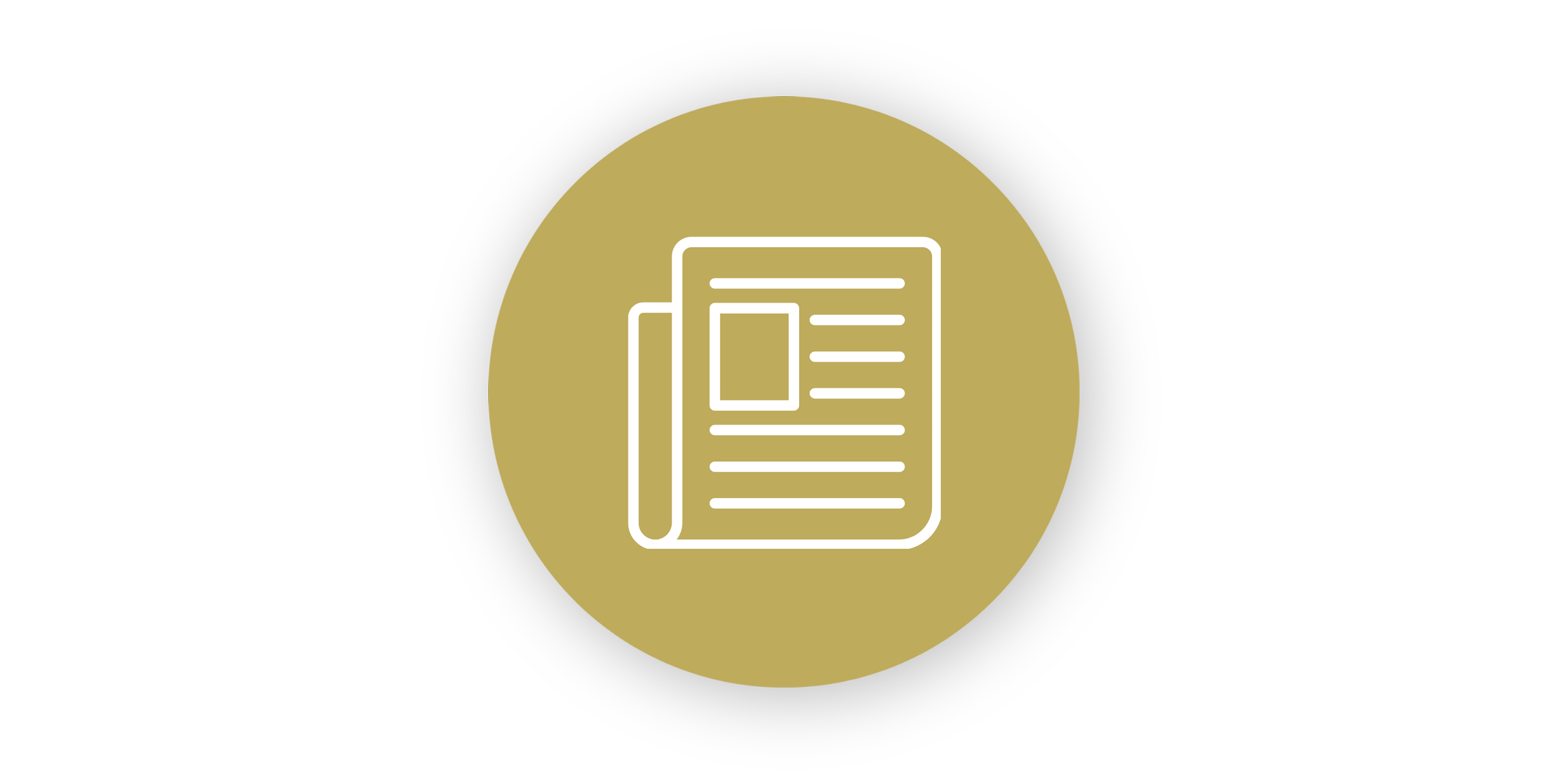 Icon of a newspaper and pen inside a gold circle on a black background.