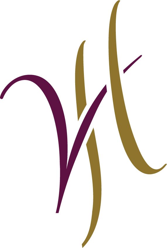 Stylized abstract design with flowing lines in purple and gold on a black background.