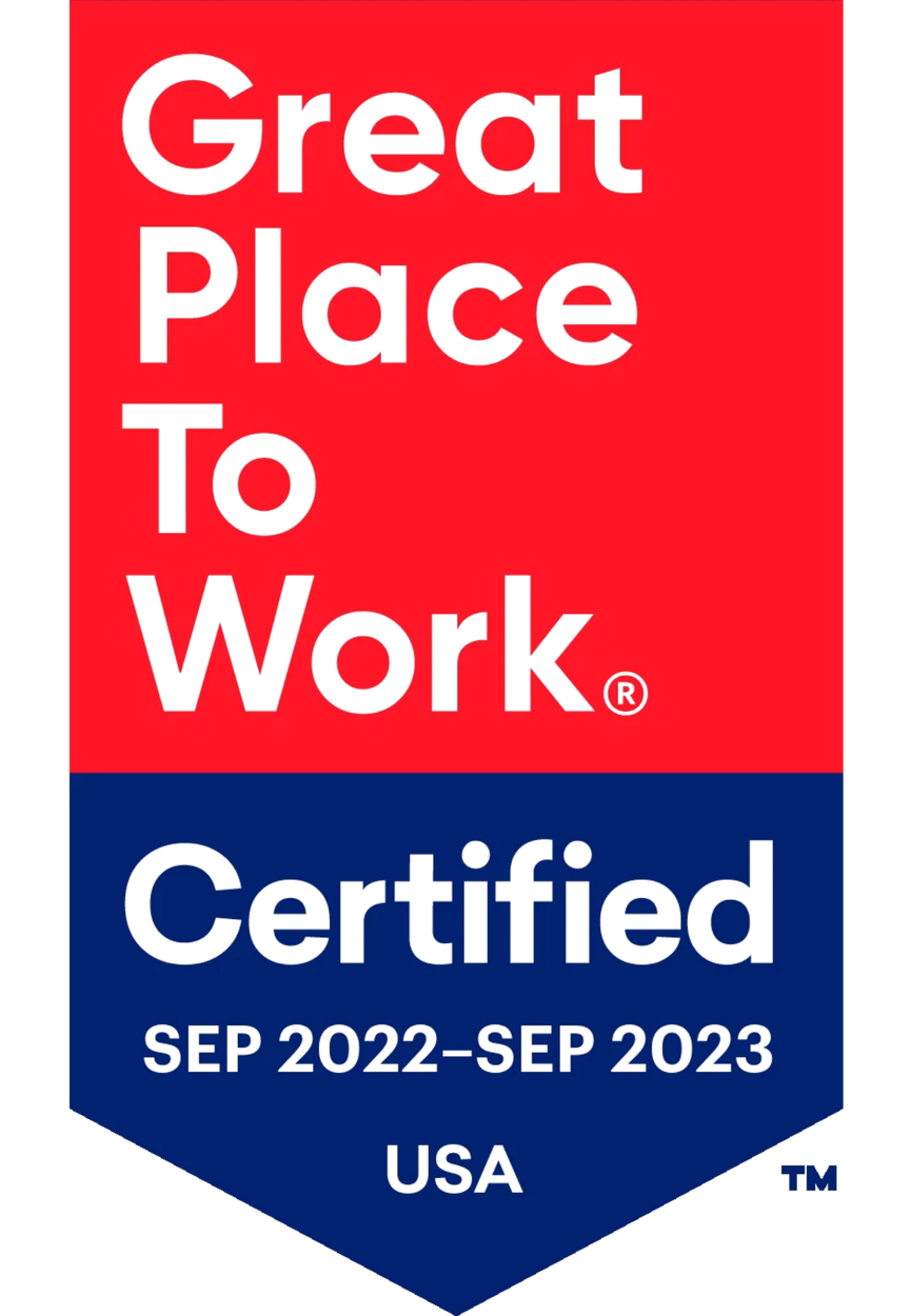 Red and blue certification badge with white text that reads "Great Place To Work Certified SEP 2022–SEP 2023 USA".