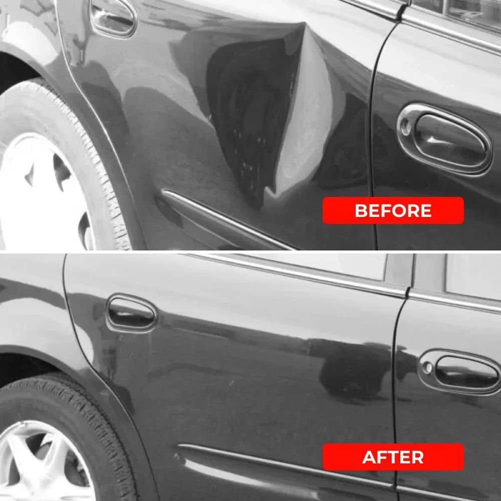 Comparison of a car door before and after paint correction. The 'before' side shows a car with scratches and swirl marks, while the 'after' side shows a smooth, polished surface without imperfections.