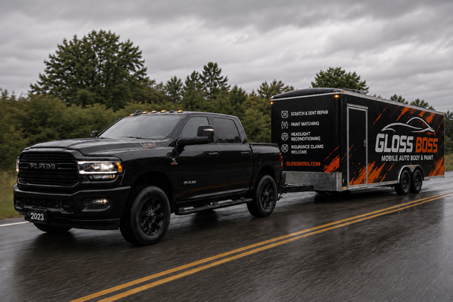 Black RAM pickup truck towing a Gloss Boss mobile auto body and paint trailer on a wet road during cloudy weather.