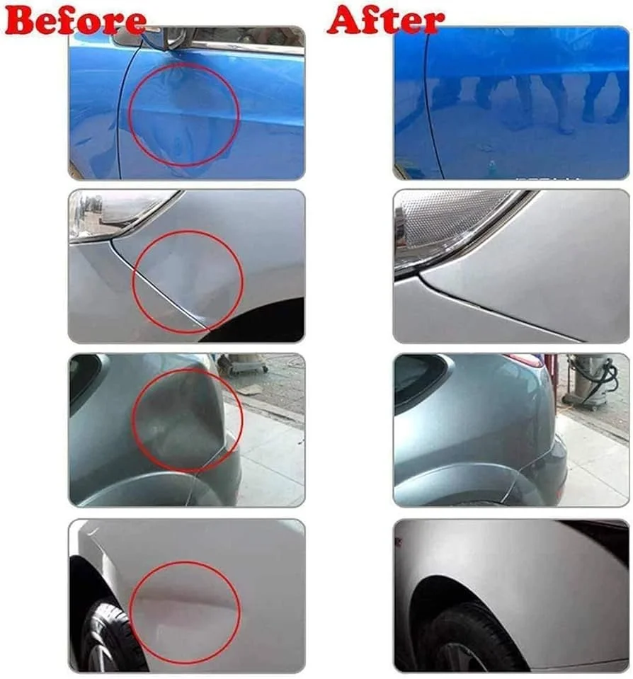 Comparison of four cars showing damage before and after repairs, with red circles outlining the damaged areas on the left and the fixed areas on the right.