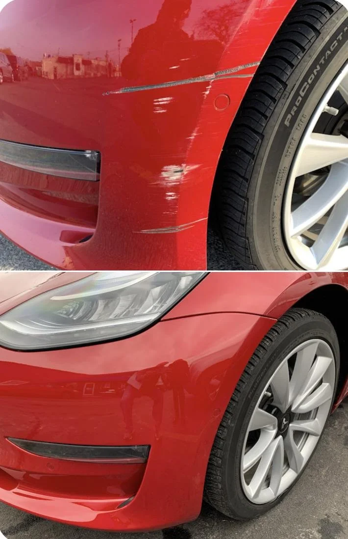Comparison of a red car's front bumper with scratches and a repaired version with no scratches, showing the before and after of car repair.