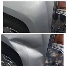 Comparison of a car's door dent before and after repair, showing a noticeable dent on the top and smooth surface on the bottom.