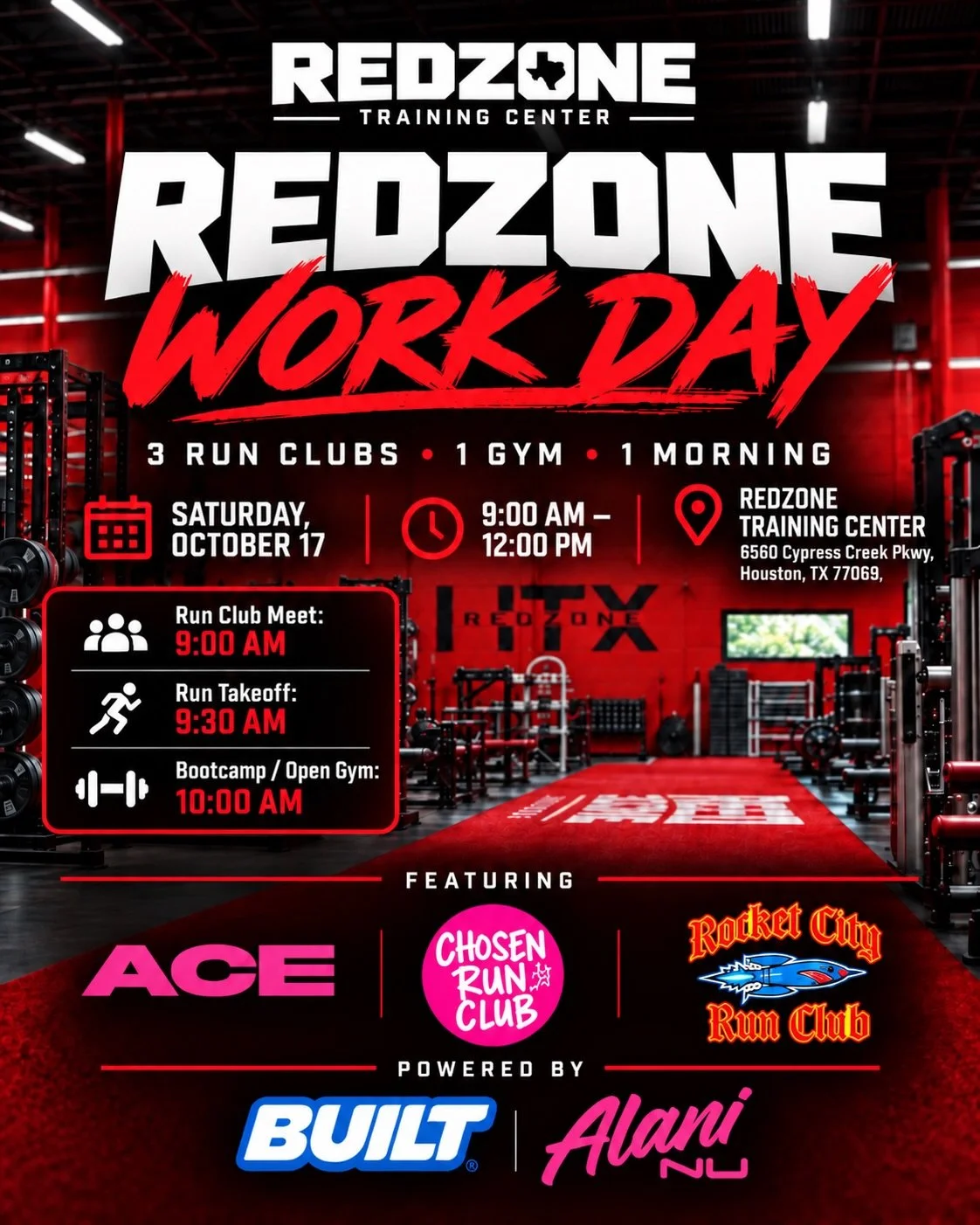 REDZONE WORK DAY.
Three run clubs. One gym. One morning. 🏁

Saturday, October 17
9:00 AM&ndash;12:00 PM
📍 Redzone Training Center

9:00 &mdash; Run Club Meet
9:30 &mdash; Community Run Takeoff
10:00 &mdash; Bootcamp / Open Gym

After bootcamp, stay