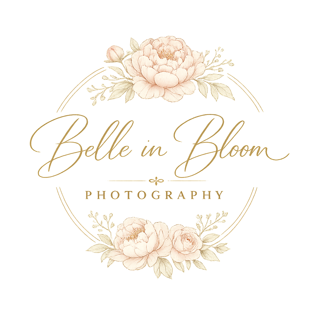 Logo for Belle in Bloom Photography featuring pink flowers and elegant cursive text.