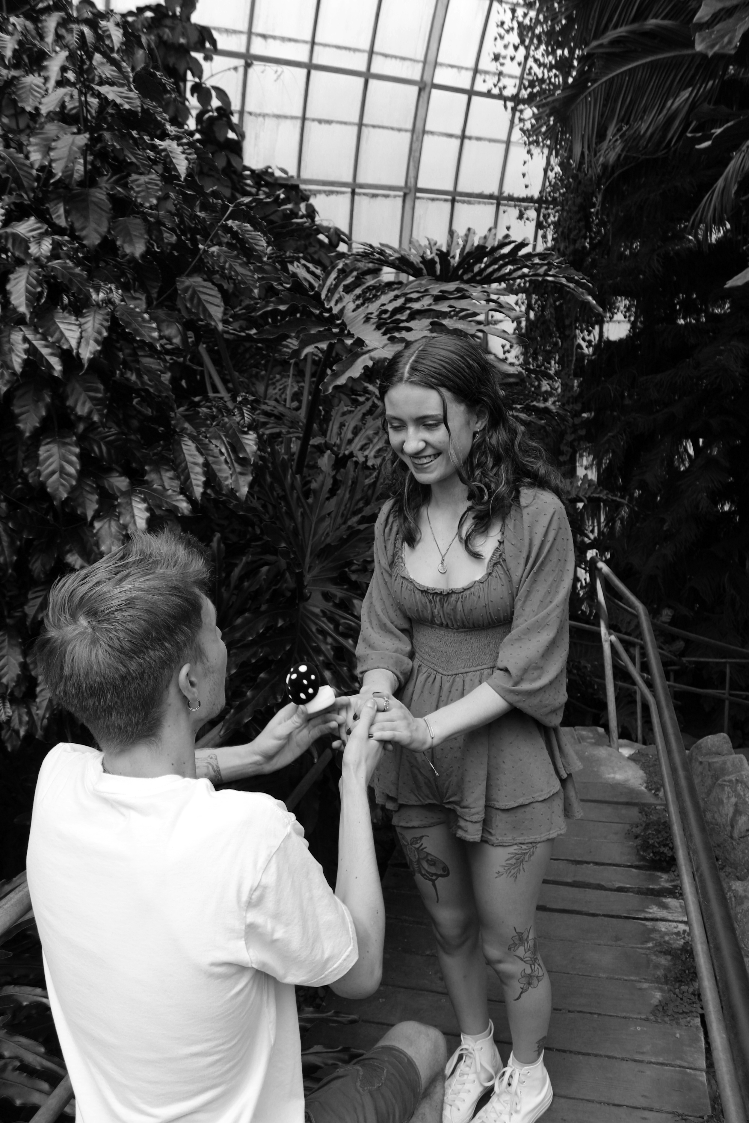 A person kneeling, holding a ring box and proposing to a woman with tattoos in a greenhouse surrounded by lush plants, while another person assists with the proposal.