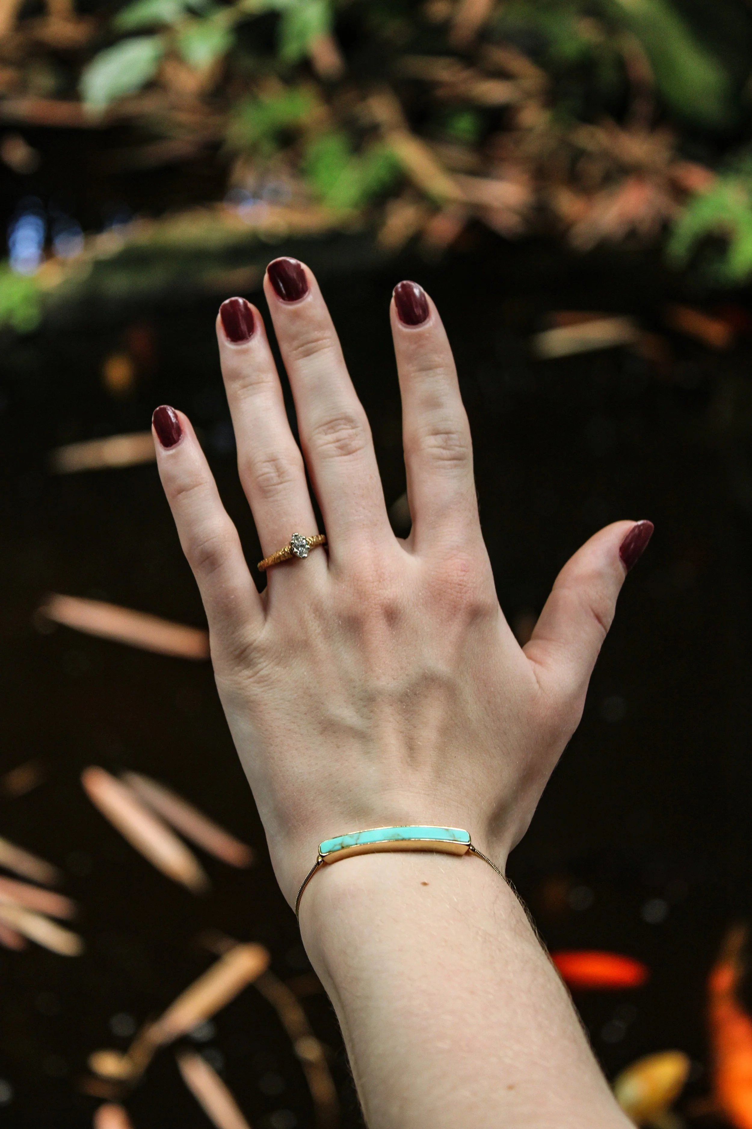 A hand with dark red painted nails, wearing a gold engagement ring with a diamond, a turquoise bracelet, and a gold bracelet, is raised with a blurred outdoor background featuring green and brown foliage.