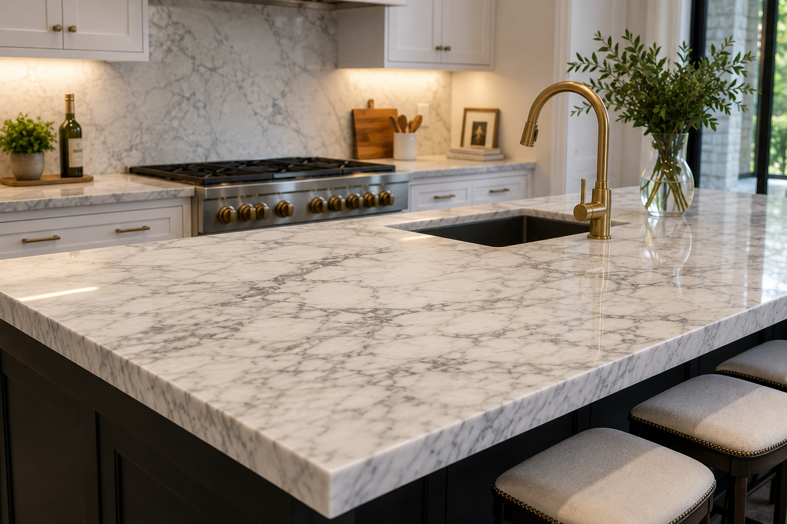 Modern kitchen with white marble countertop, bronze faucet, black sink, white cabinets, and a stainless steel stove. Decor includes a bottle of wine, potted plants, and framed pictures.