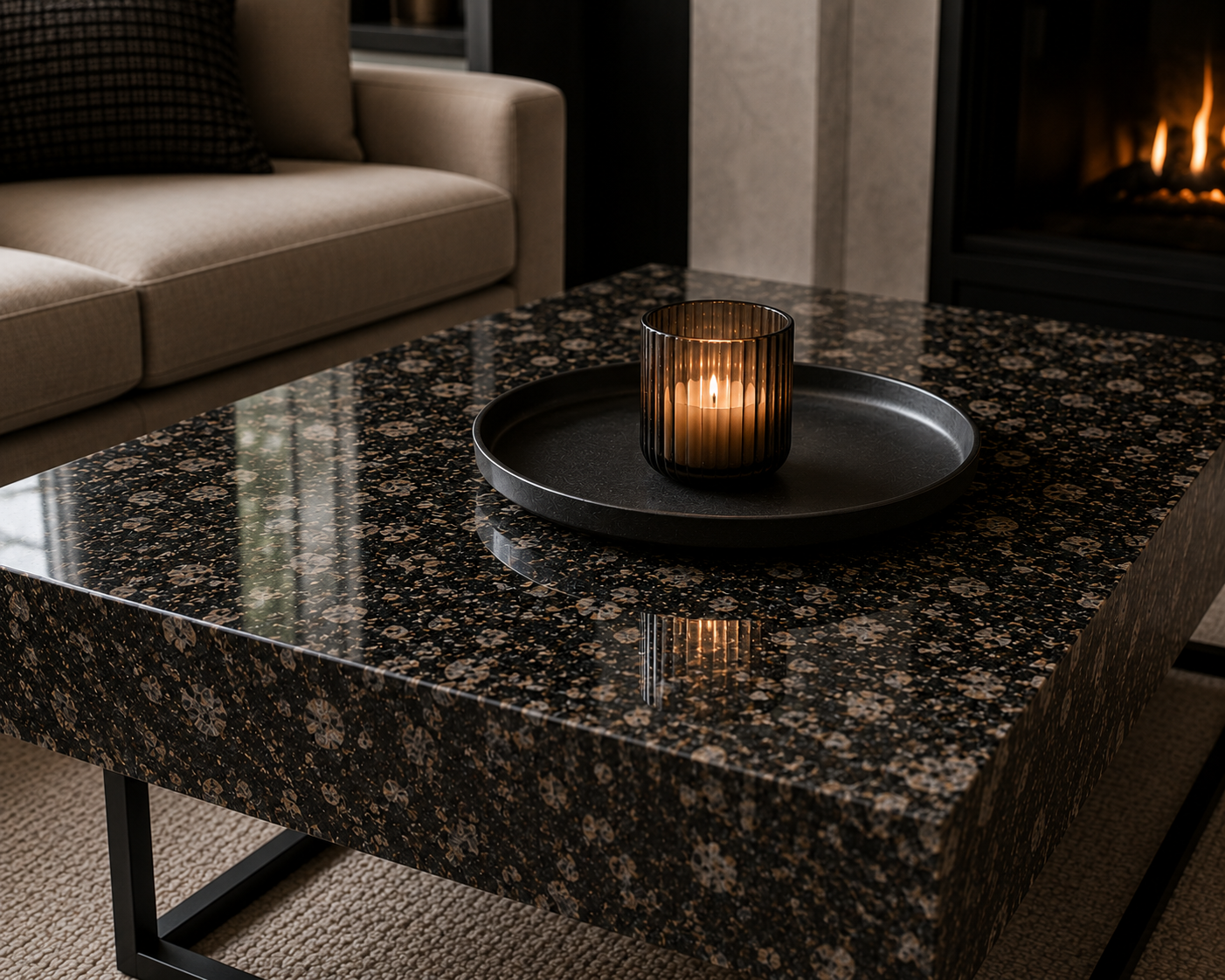 A living room scene featuring a black granite coffee table with a speckled pattern, holding a black tray with a lit candle inside a dark, ribbed glass holder. In the background, a beige sofa with plaid and solid throw pillows is visible, along with a fireplace with a glowing fire.