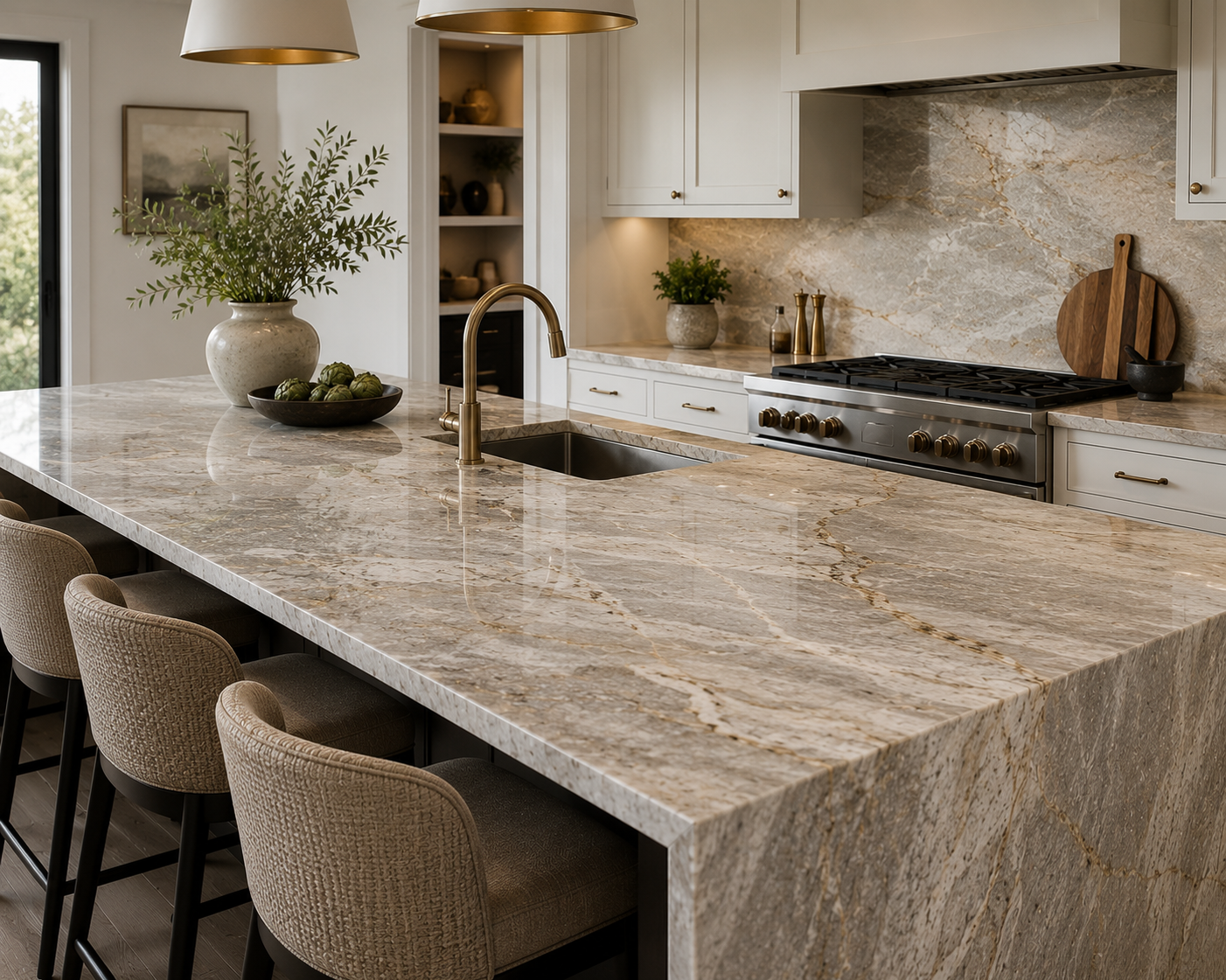 Modern kitchen with a large marble island, beige chairs, a stainless steel stove, white cabinets, and minimal decorations including a large vase with greenery and a bowl of artichokes.