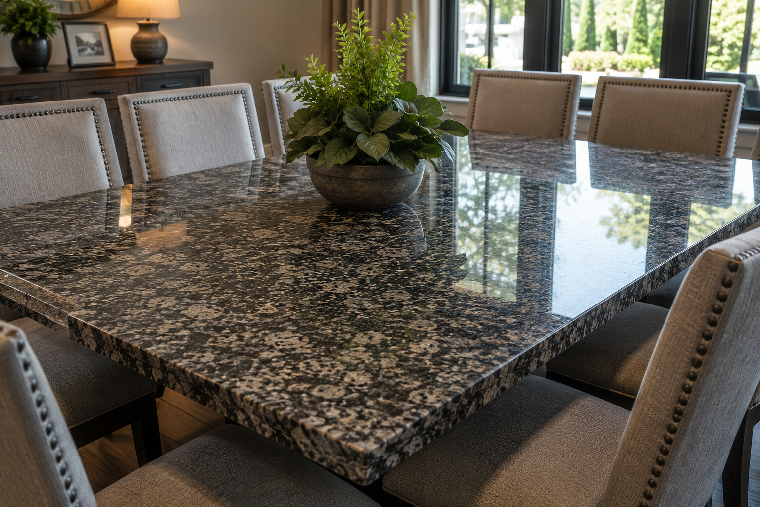 A dining room table with a black and grey granite top, surrounded by beige upholstered chairs with nailhead trim, and a green potted plant in a round dark pot at the center of the table. Large windows with black frames reveal a view of trees outside.