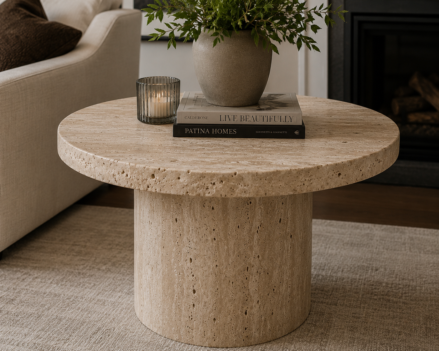 A round beige stone coffee table with a textured surface, decorated with a potted green plant, two stacked books, and a small candle holder, in a cozy living room.
