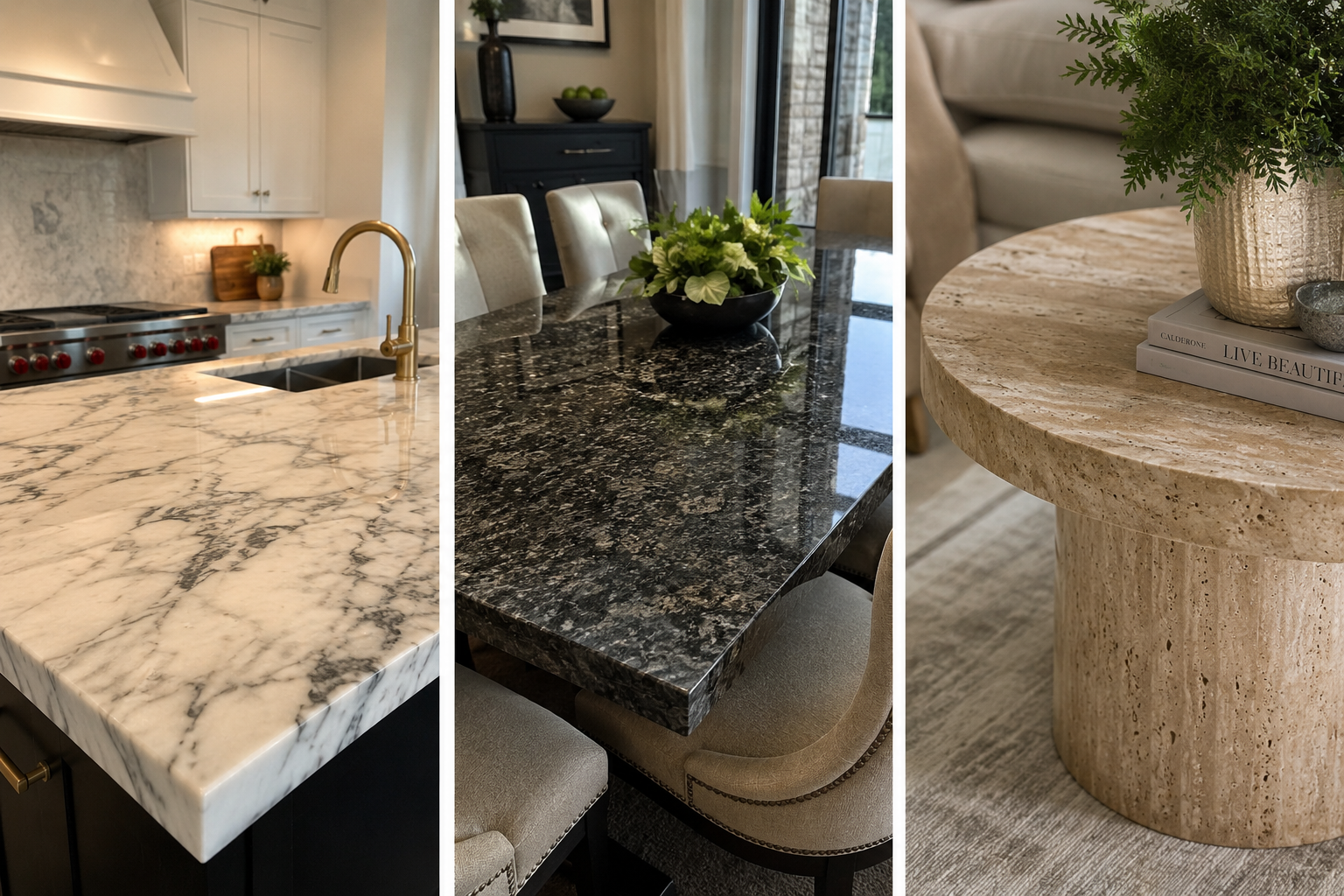 A collage of three images showing different types of countertops in a kitchen or dining area. The first is a white marble countertop with gray veining, the second is a black granite countertop with metallic and gray speckles, and the third is a round beige stone table with a small plant and books on top.