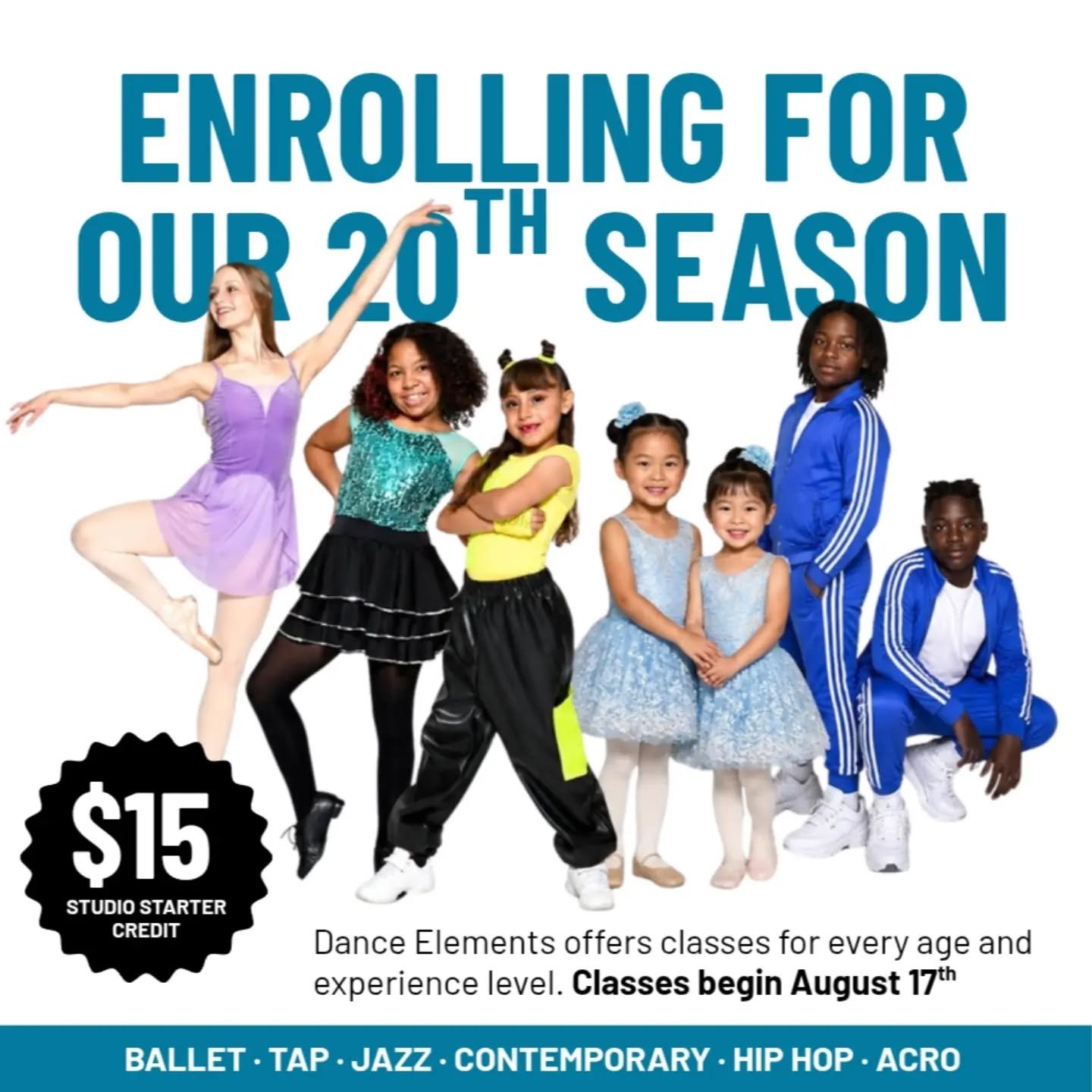 ✨20 Years of Inspiring Dancers... and We're Just Getting Started! ✨

This season is extra special as Dance Elements celebrates 20 incredible yearsof dancing, growing, and creating unforgettable memories with our amazing families! 💙🩶

🎉 **Our 20th 