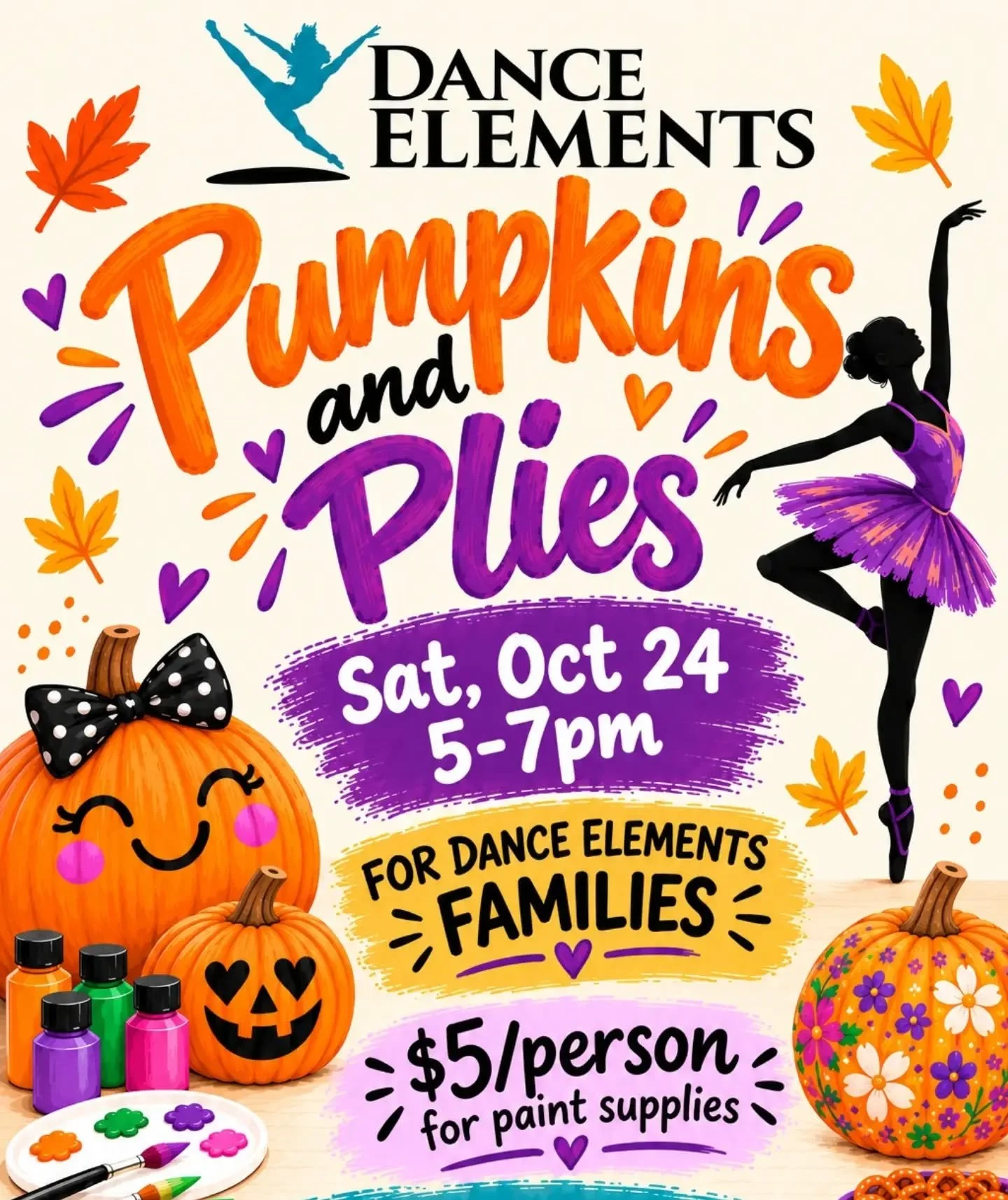 🎃🎨 Pumpkins &amp; Pies is coming to Dance Elements! 💜🧡

Get ready for a fun-filled evening with your Dance Elements family! Join us for Pumpkins &amp; Pies on Saturday, October 24 from 5&ndash;7 PM for an evening of painting, treats, and fall fun