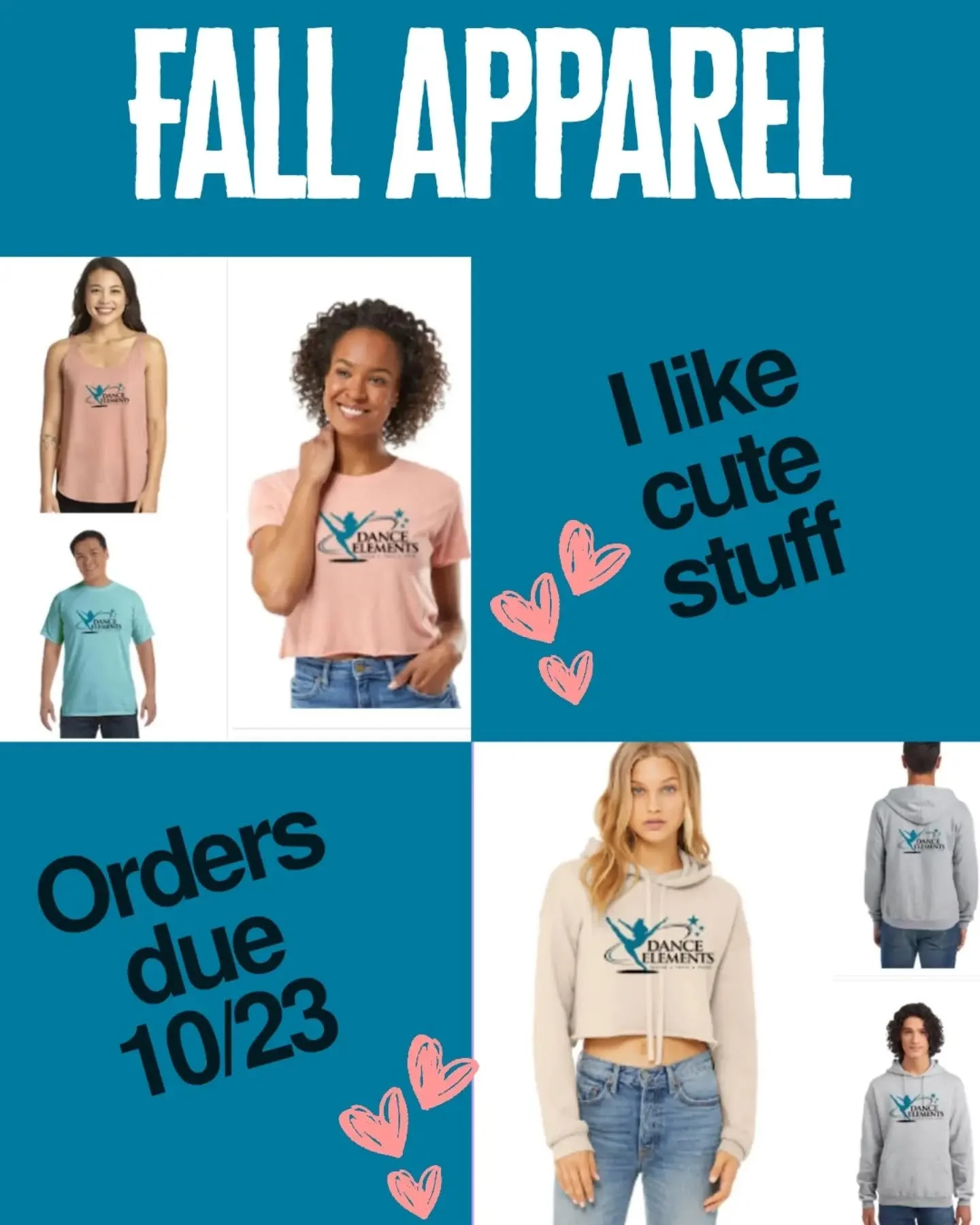 🍂🤍 **FALL APPAREL IS HERE AT DANCE ELEMENTS!** 🤍🍂

Show your love for your favorite studio with some cute DE gear! Whether you're cheering on your dancer, heading to class, or just love repping Dance Elements, our fall apparel is the perfect way 