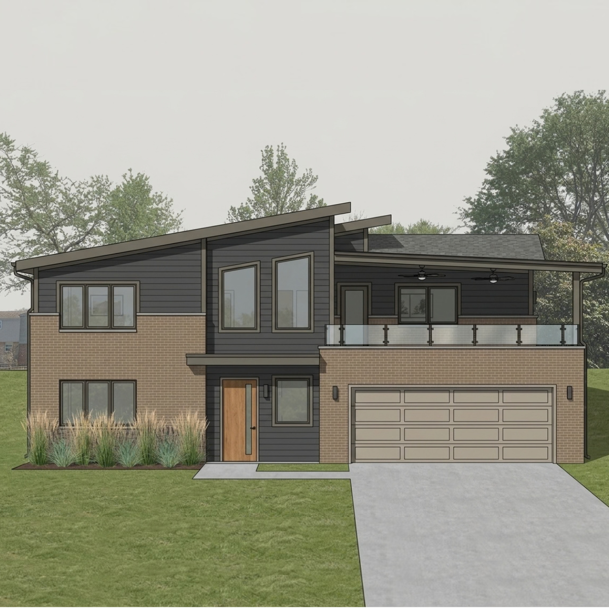 Mid-century modern style home addition with brick and siding exterior.