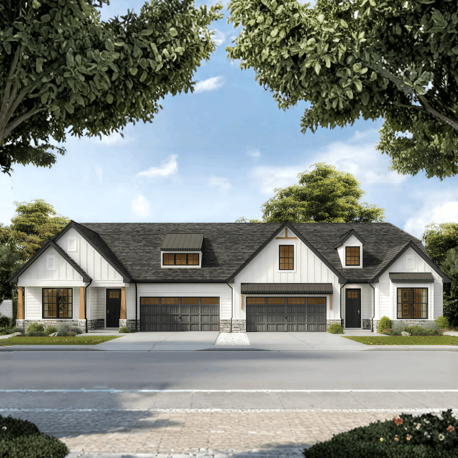 A modern duplex home with two attached garages, white siding, black trim, and dark gray roofs, surrounded by green trees and a sidewalk in front.