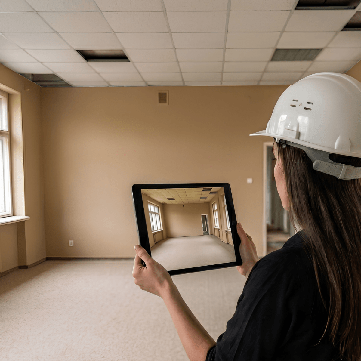 Katelyn with an ipad measureing the interior of an existing building
