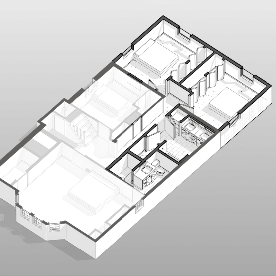 A 3D floor plan of an apartment with multiple bedrooms, bathrooms, kitchen, and living areas in a monochrome color scheme.