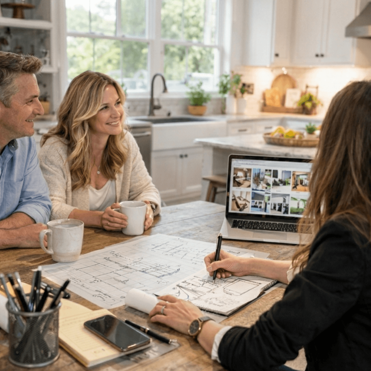 Katelyn and two clients discussing design proposals with drawings and a laptop in a kitchen setting