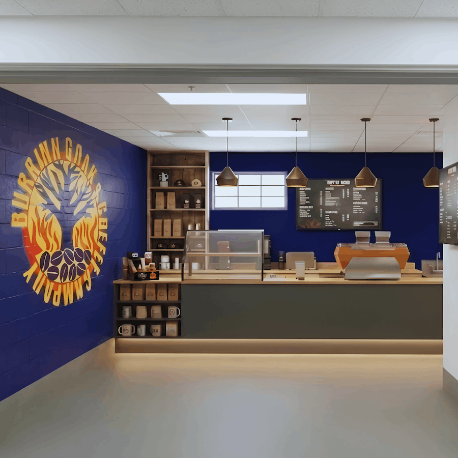 Coffee shop counter with a blue wall on the left, barista equipment, menus, and pendant lights.
