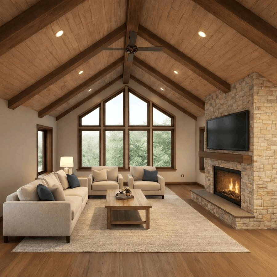 Living room with high vaulted wooden ceiling, large windows, beige sofas with blue and beige cushions, a wooden coffee table, a stone fireplace with a mounted TV, and a beige rug on hardwood floors.
