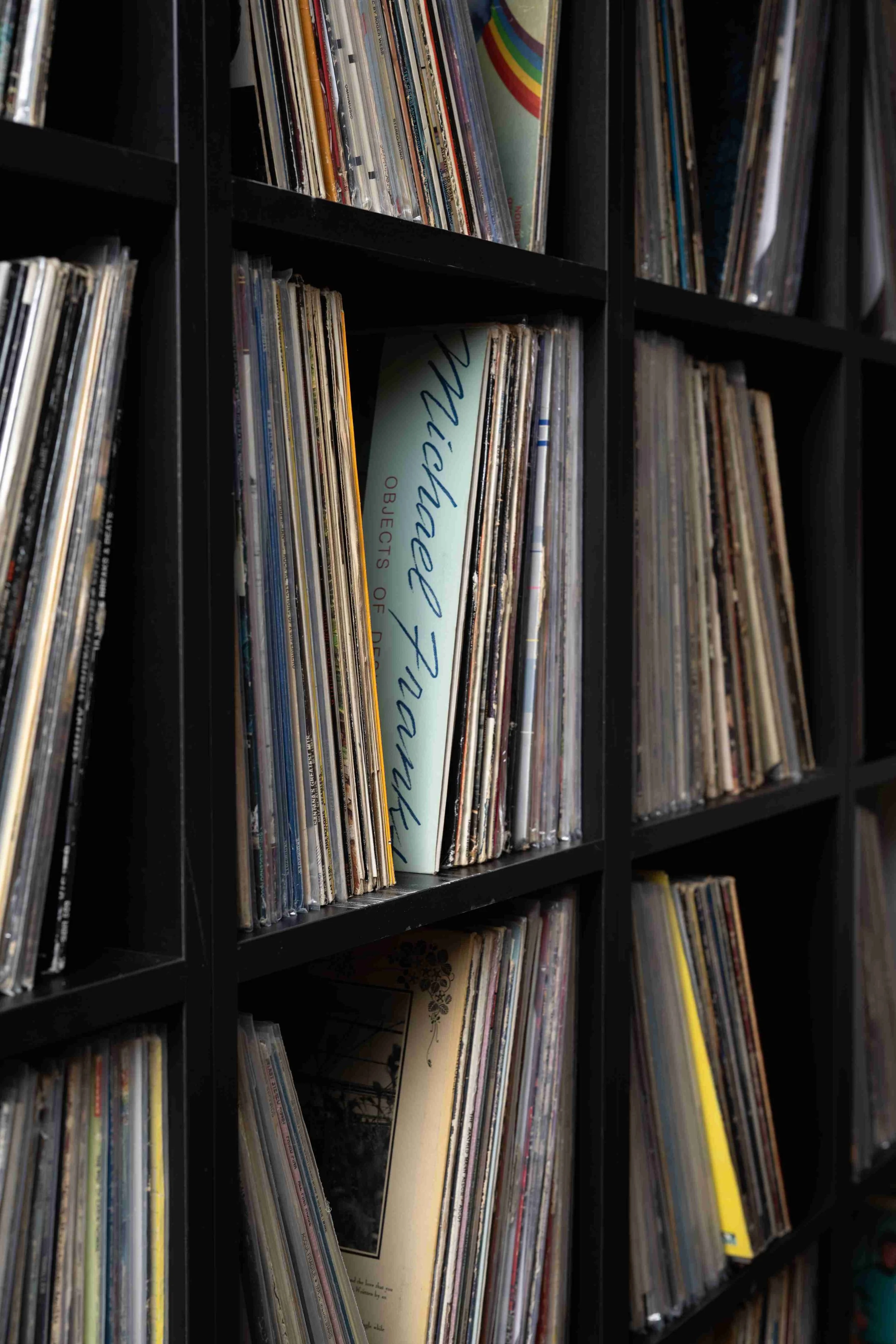 Close-up of vinyl records in custom built-in storage, Minneapolis music room