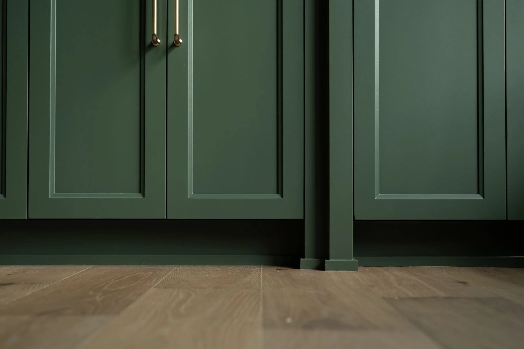 Dark green cabinetry base against wide-plank
wood flooring, Eden Prairie kitchen remodel