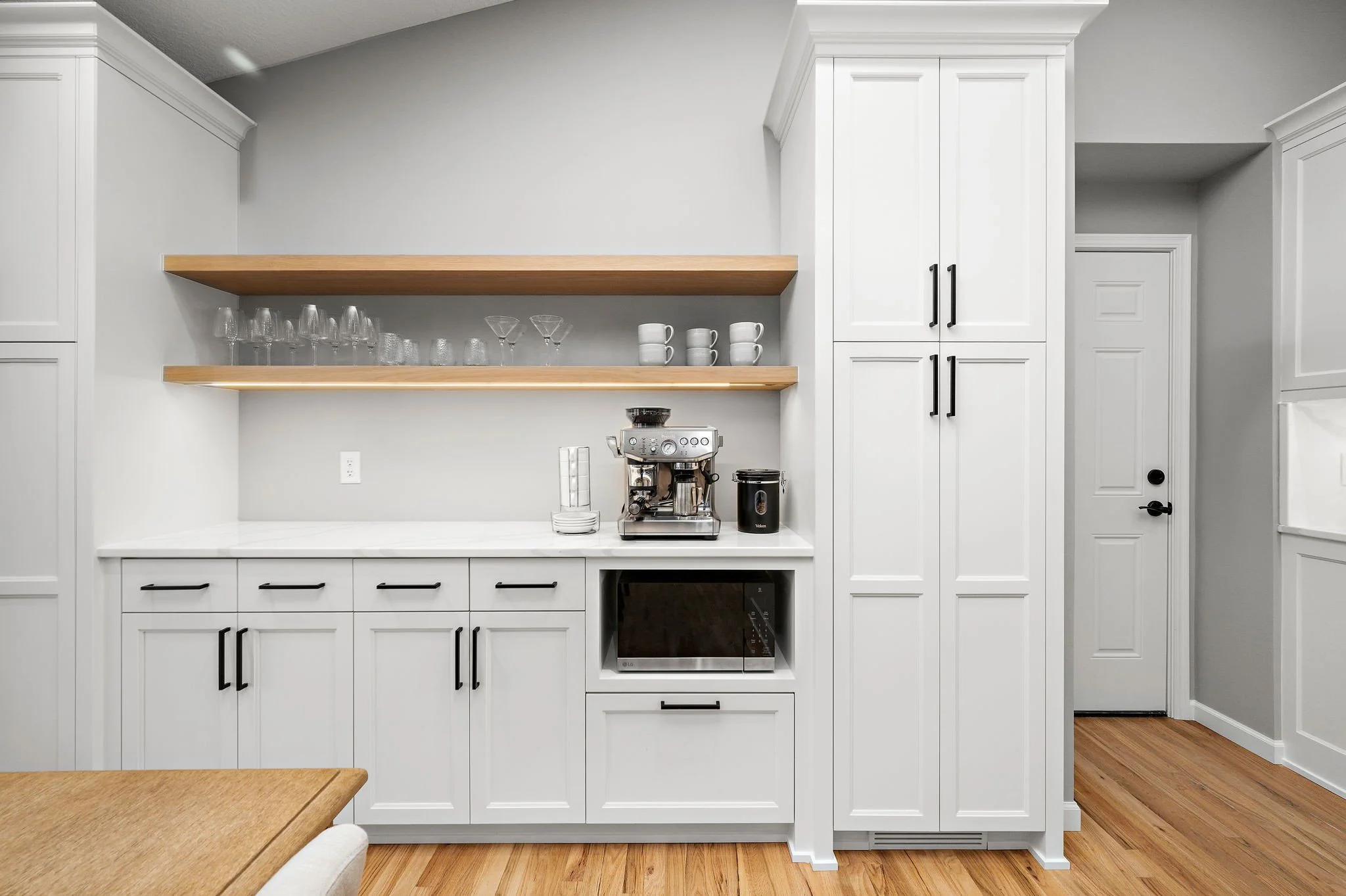 White shaker pantry cabinetry and coffee bar,
Minnetonka kitchen remodel