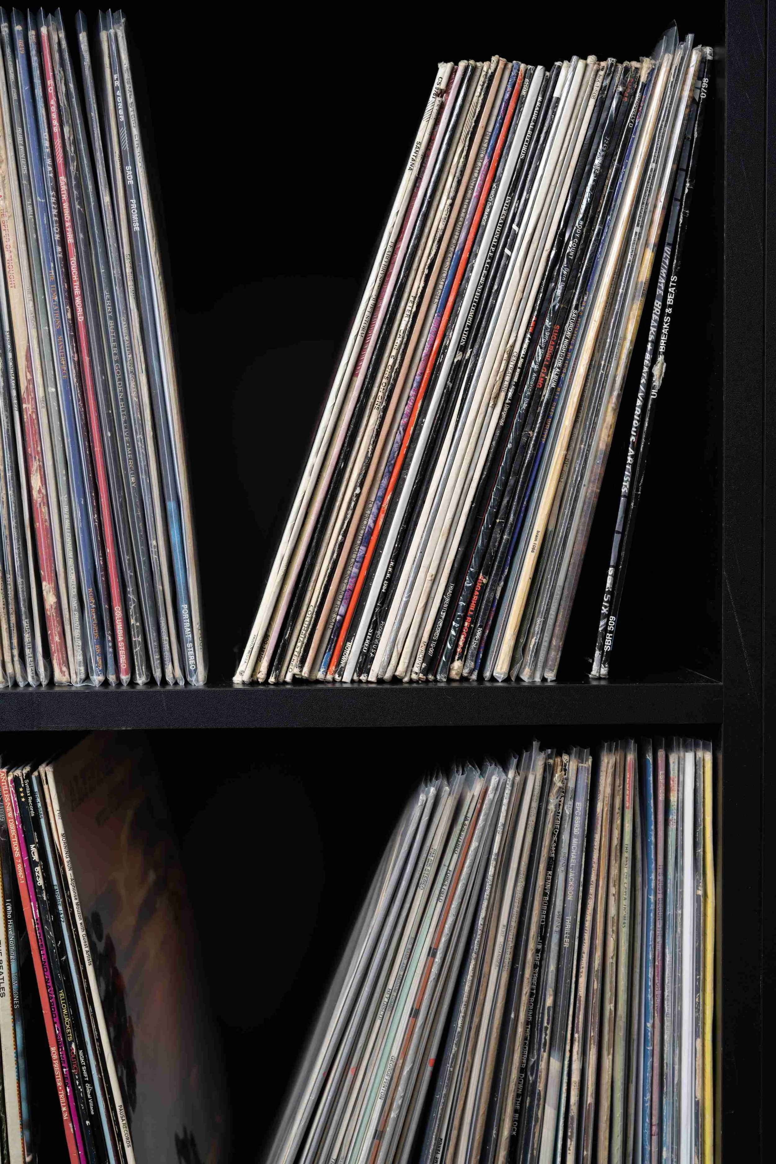 Vinyl record collection detail in built-in storage cubbies, Minneapolis