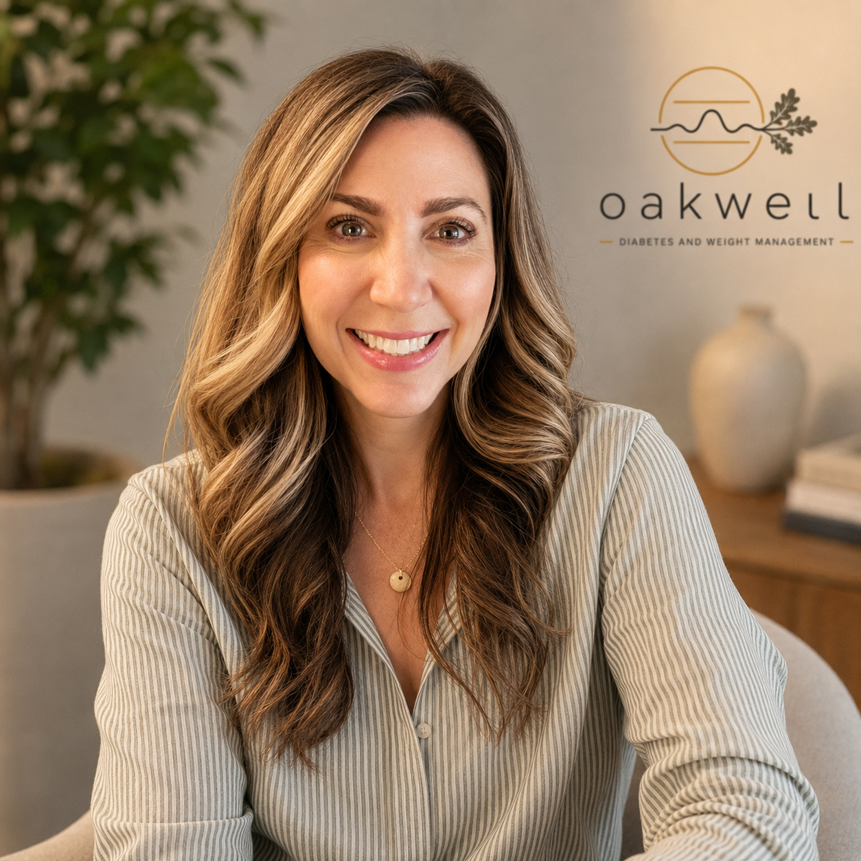 Smiling woman sitting at a desk with a sign in the background that reads "oakwell - Diabetes and Weight Management" and a potted plant.
