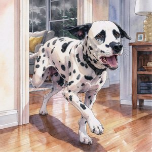 Dalmatian dog running inside a home, near a windowsill with curtains, in a room with hardwood flooring.