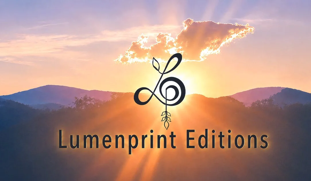 Sunset over mountains with a logo of a stylized leaf and swirl above the text 'Lumenprint Editions'.