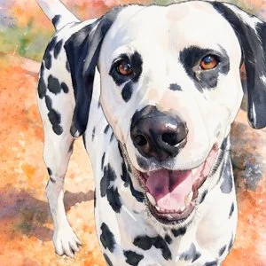 A Dalmatian dog with black spots on a white coat, standing outdoors on a dirt path with a blurred natural background, smiling with its tongue out.