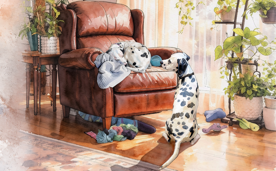 Two Dalmatian puppies resting on an armchair and one puppy sitting on the floor in a cozy living room with plants and sunlight.