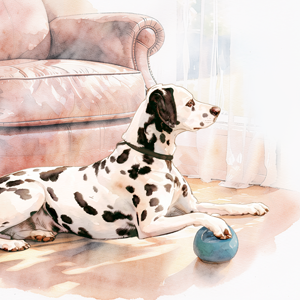 Dalmatian dog lying on the floor with a blue ball in front of it, near a pink couch with curtains in the background.